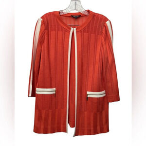 Misook Cardigan Jacket Orange White Zip Pocket Semi-Sheer Hook Closure Size S